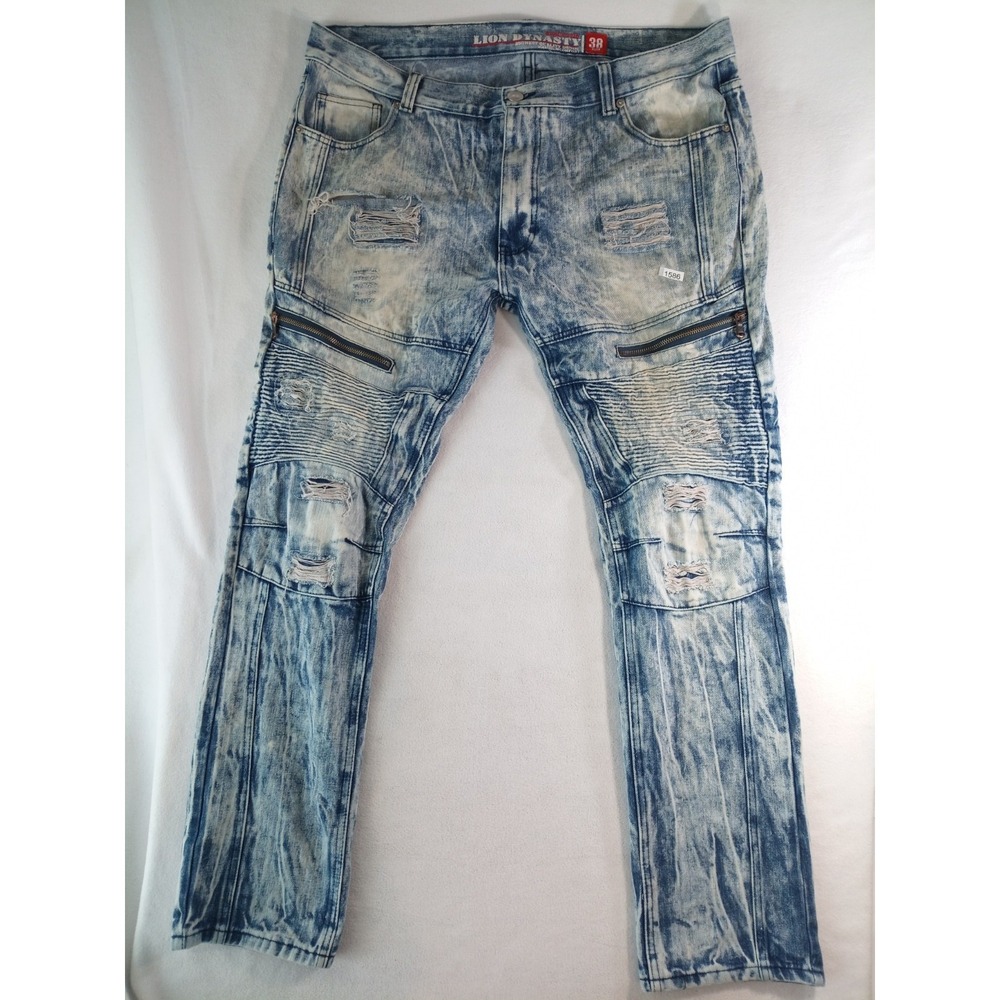 Lion Dynasty Jeans Mens 38 Slim Distressed Moto Biker Acid Wash Zipper